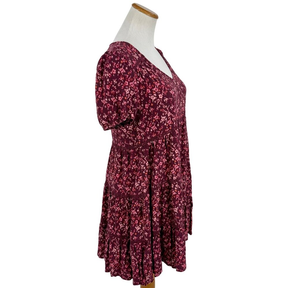 Wild Fable Burgundy Floral Crochet Trim Tiered Hem Grunge 90s Babydoll Dress - Picture 6 of 13